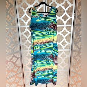 Kim Rogers Blue And Green Sleeveless Sheath Maxi Dress
